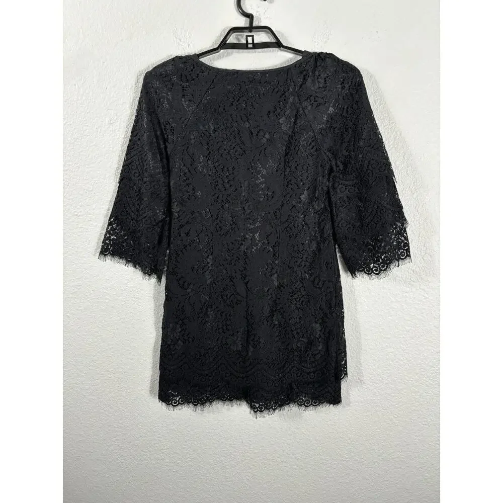 Anthropologie Leifsdottir Lace Mini‎ Dress Size 0 Black Lace 3/4 Sleeve